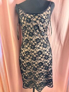 Adrianna Papell Black Lace Overlay Dress with Nude Underlayer